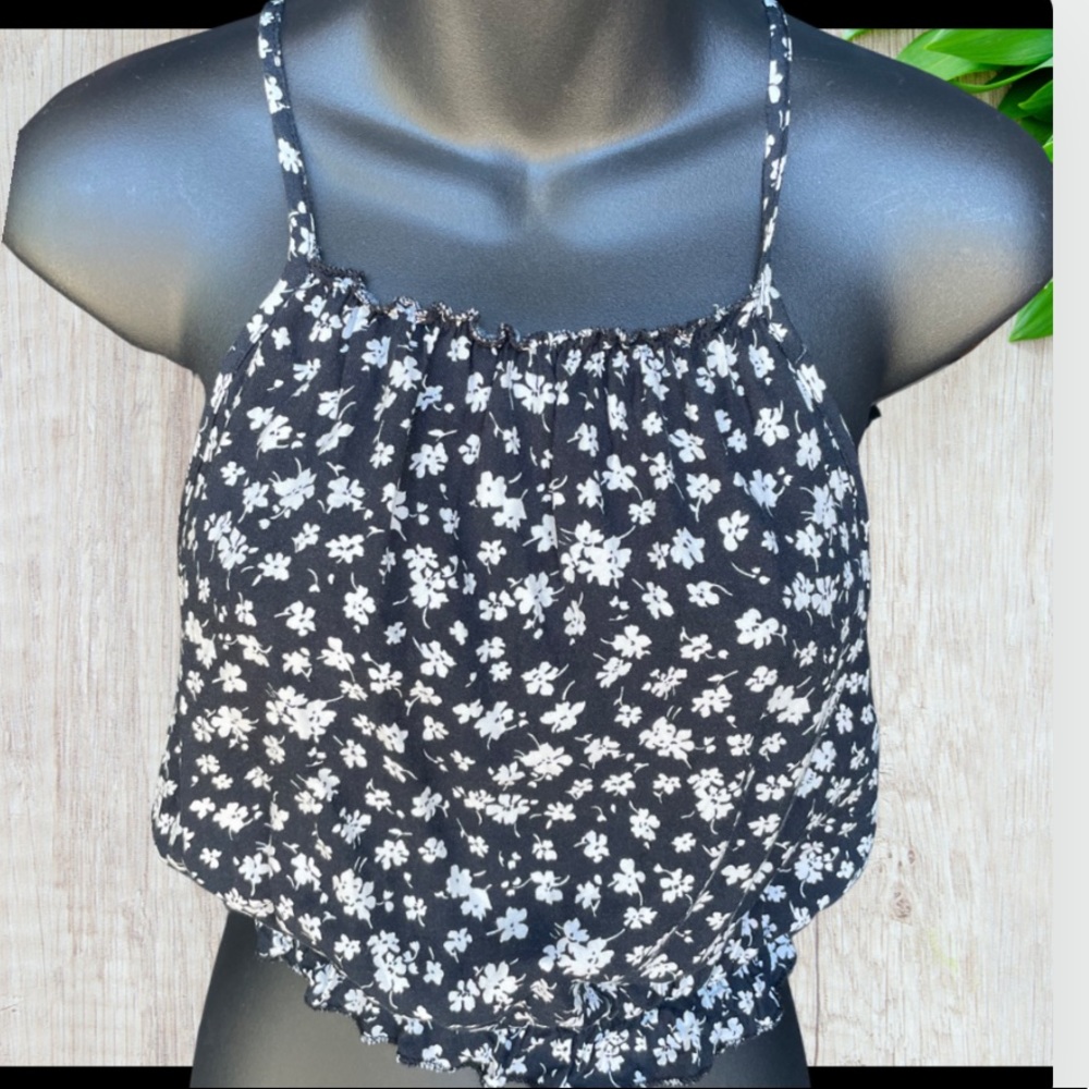 Brandy Melville dark blue with white flowers crop top